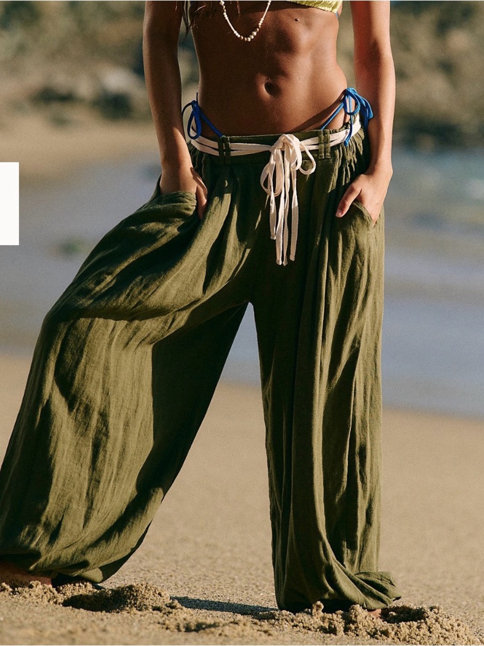 Free People Olive Green Wide-Leg Beach Pants